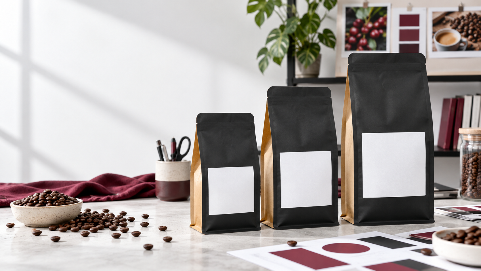 Schwarze Seitenfaltenbeutel mit Kraftpapierseiten und frei gestaltbaren Etiketten
